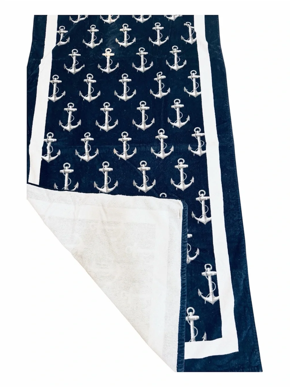 Pottery Barn Mini Anchor Beach Pool Towel Navy Blue White 32x64 Cotton